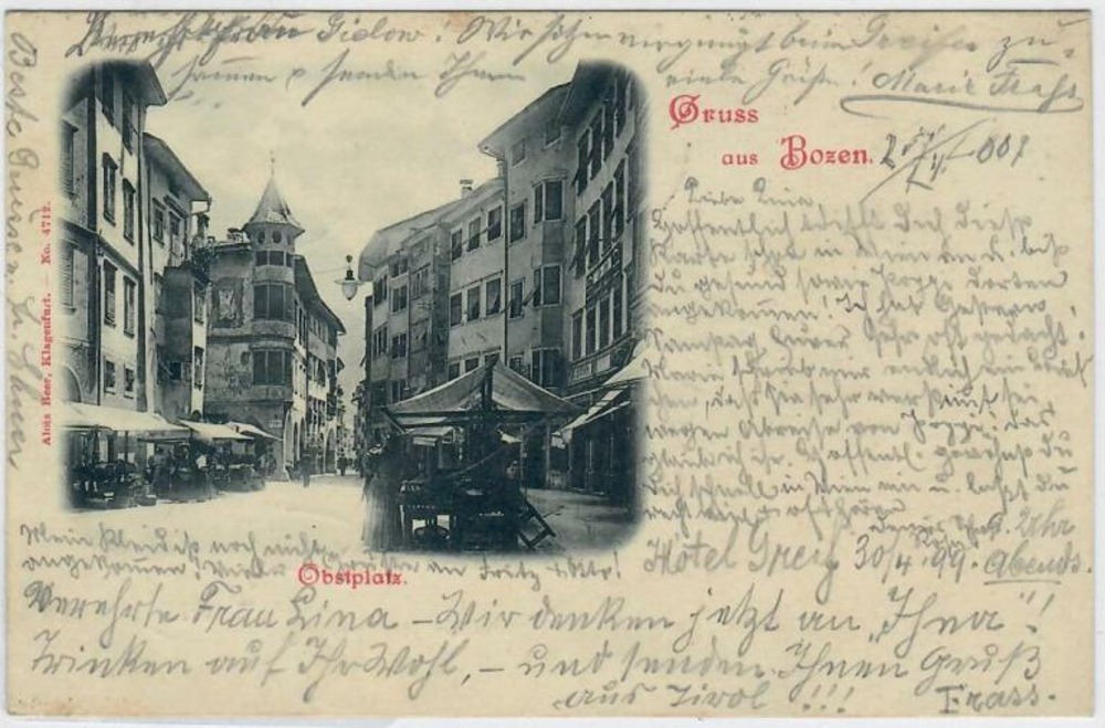 Ansichtskarte Bozen (Bolzano), Obstplatz, gelaufen 1899