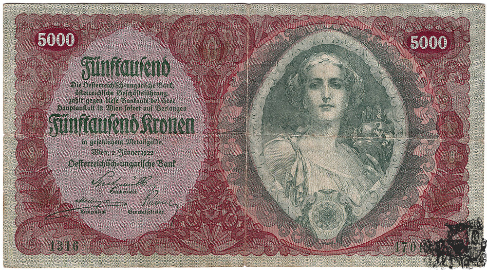 5000 Kronen 1922 - Österreich - sehr schön