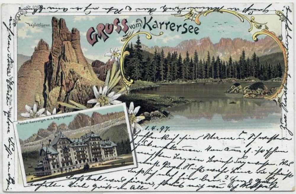 Ansichtskarte Gruss vom Karrersee, Farblitho, Hotel, gelaufen 1897