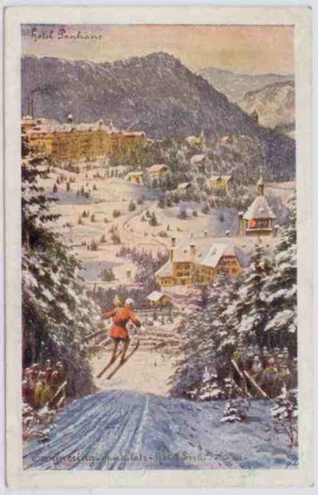 Semmering, Künstlerkarte Nachbargauer, Sportplatz mit Hotel Panhans und Hotel Erzh. Johann 1924