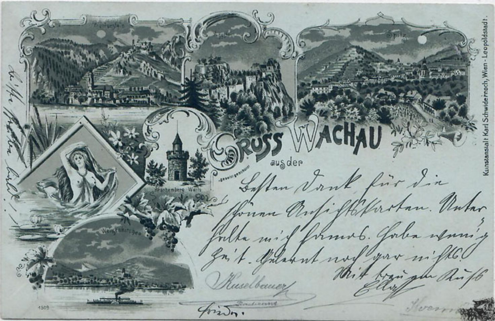 Ansichtskarte Gruss aus der Wachau, u.a. Weissenkirchen, Mondschein-Litho, gelaufen 1898