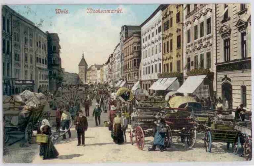 Wels, Wochenmarkt, Straßenansicht 1912