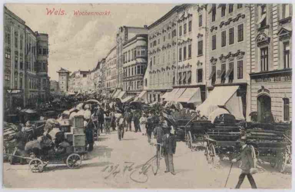 Wels, Wochenmarkt, Straßenansicht 1906 Wels, Wochenmarkt, Straßenansicht 1906