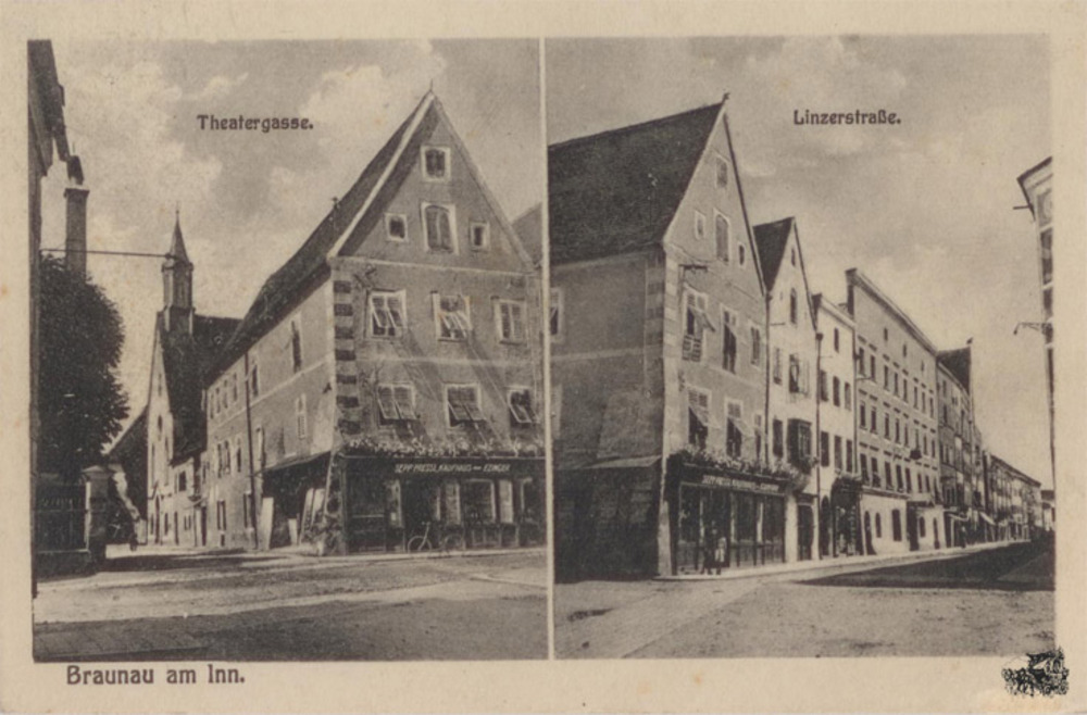 Ansichtskarte Braunau am Inn, u.a. Theatergasse, ca.1927