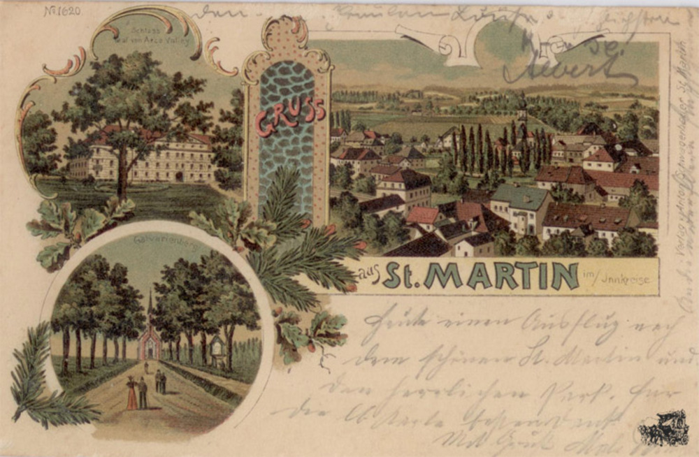 Ansichtskarte St. Martin im Innkreis, Farblitho, ca.1898 Ansichtskarte St. Martin im Innkreis, Farblitho, ca.1898