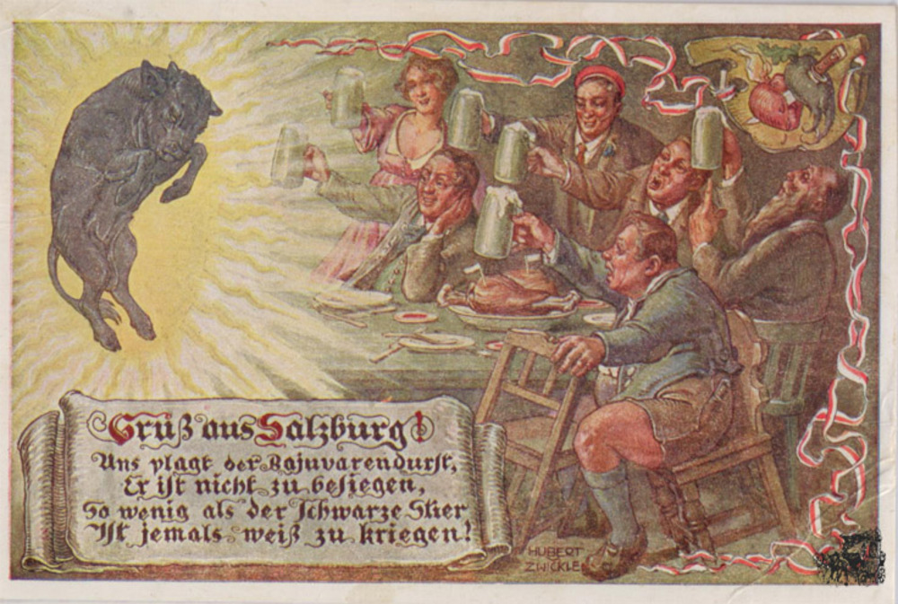 Ansichtskarte Salzburg Augustiner-Bräustübl ca.1920, gelaufen 1951, mehrfach Knicke, fleckig