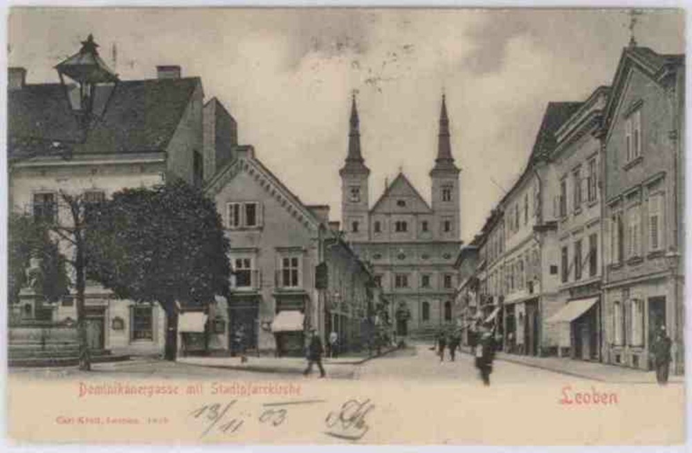 Leoben, Dominikanergasse mit Stadtpfarrkirche 1903