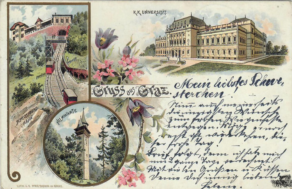 Ansichtskarte Graz, Farblitho, u.a. Universität, gelaufen 1897