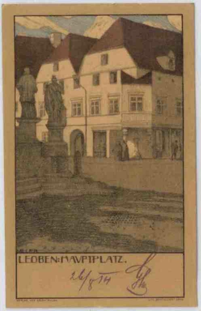 Leoben, Hauptplatz, Künstlerkarte 1914
