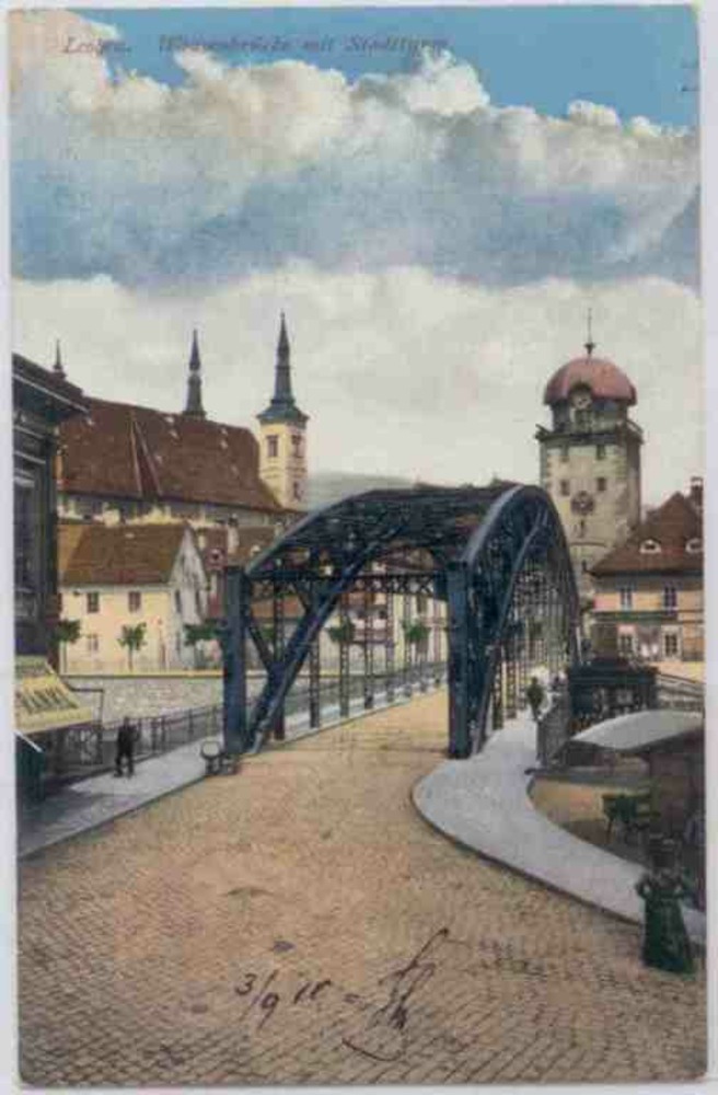 Leoben, Waasenbrücke mit Stadtturm 1910