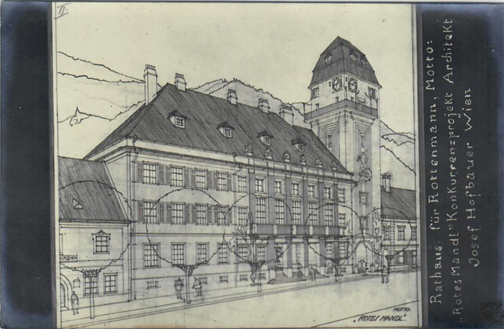Ansichtskarte Rottenmann, Rathaus-Entwurf “Rotes Mandl“ (Architekt Hofbauer), gelaufen 1912