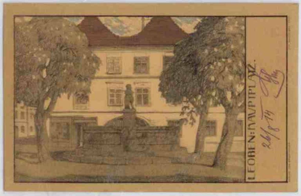 Leoben, Hauptplatz, Künstlerkarte 1910
