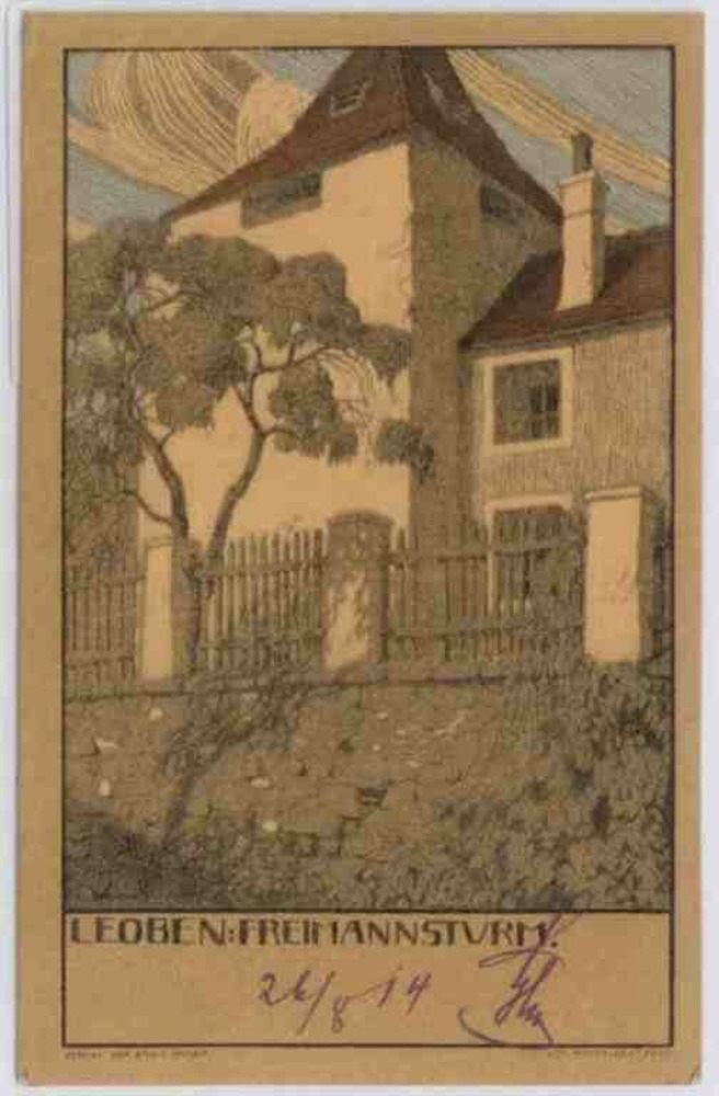 Leoben, Freimannsturm, Künstlerkarte 1910