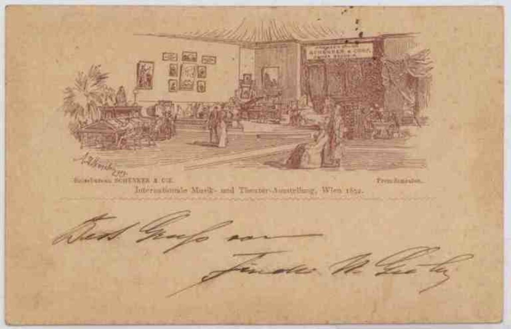 Wien, Reisebureau Schenker, Musik- u. Theaterausstellung, Privatganzsache, Vorläufer-AK 1892 Sonderstempel Wien, Reisebureau Schenker, Musik- u. Theaterausstellung, Privatganzsache, Vorläufer-AK 1892 Sonderstempel