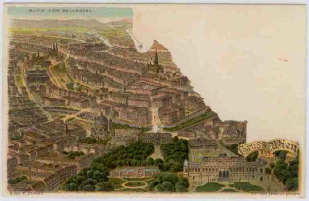 Gruss aus Wien, Blick vom Belvedere, Farblitho ca.1895 Gruss aus Wien, Blick vom Belvedere, Farblitho ca.1895