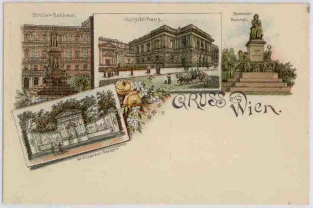 Gruss aus Wien, u.a. Künstlerhaus, Farblitho ca.1895