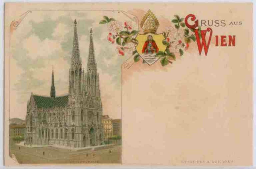 Gruss aus Wien, Votivkirche, Farblitho ca.1895 Gruss aus Wien, Votivkirche, Farblitho ca.1895