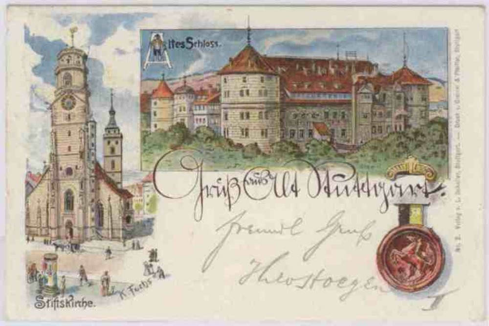 Ansichtskarte Gruss aus Alt-Stuttgart, u.a. Stiftskirche, Farblitho 1897 Ansichtskarte Gruss aus Alt-Stuttgart, u.a. Stiftskirche, Farblitho 1897