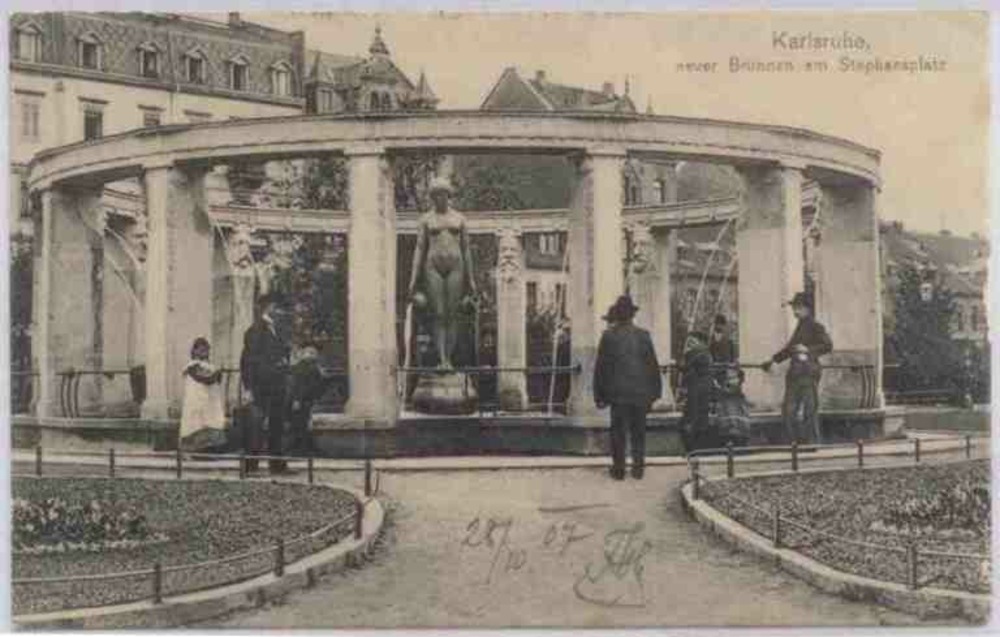 Ansichtskarte Karlsruhe, neuer Brunnen am Stephansplatz 1907 Ansichtskarte Karlsruhe, neuer Brunnen am Stephansplatz 1907