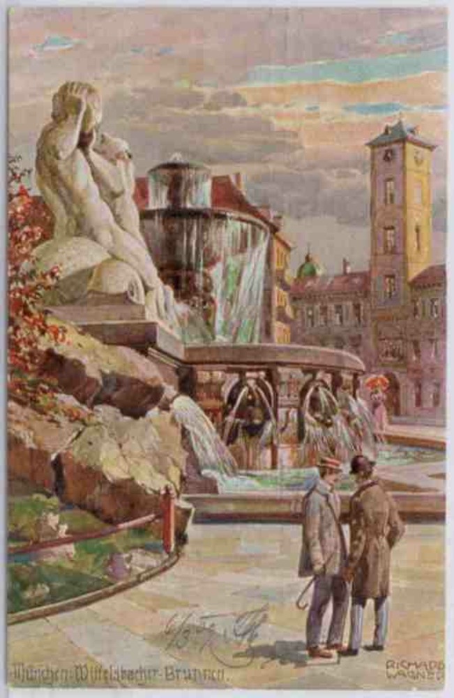 Ansichtskarte München Wittelsbacher Brunnen, Künstlerkarte Richard Wagner 1909 Ansichtskarte München Wittelsbacher Brunnen, Künstlerkarte Richard Wagner 1909