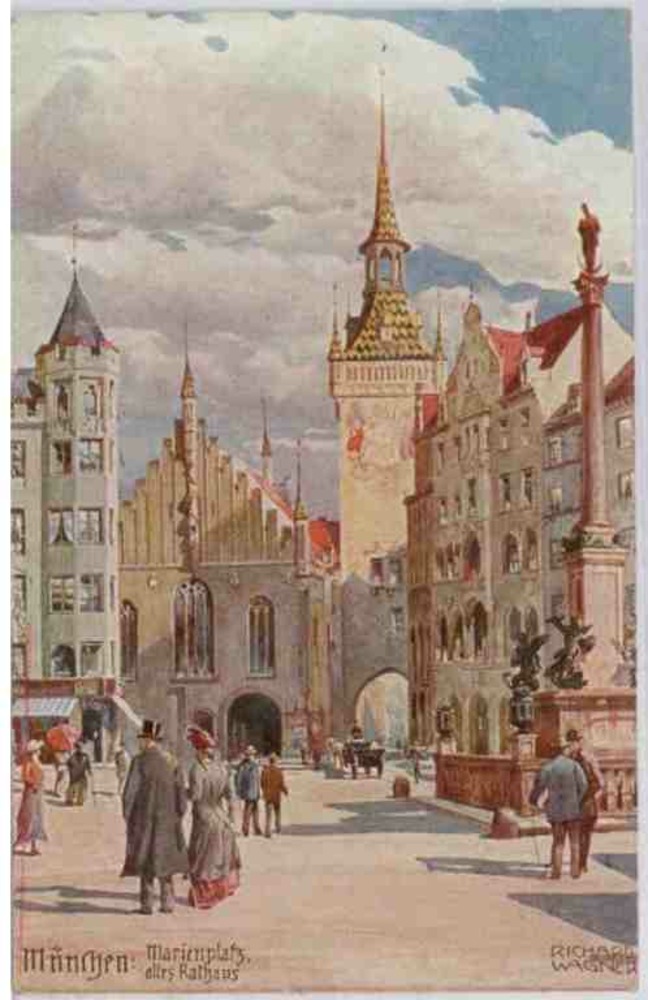 Ansichtskarte München Marienplatz, altes Rathaus, Künstlerkarte Richard Wagner 1909 Ansichtskarte München Marienplatz, altes Rathaus, Künstlerkarte Richard Wagner 1909