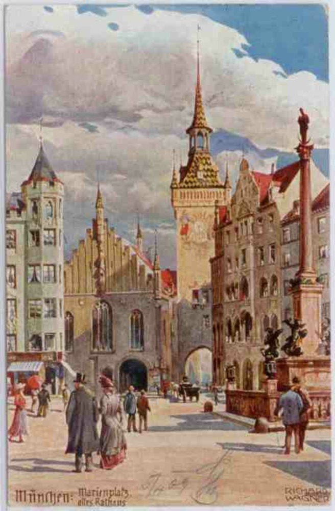 Ansichtskarte München Marienplatz, altes Rathaus, Künstlerkarte Richard Wagner 1915