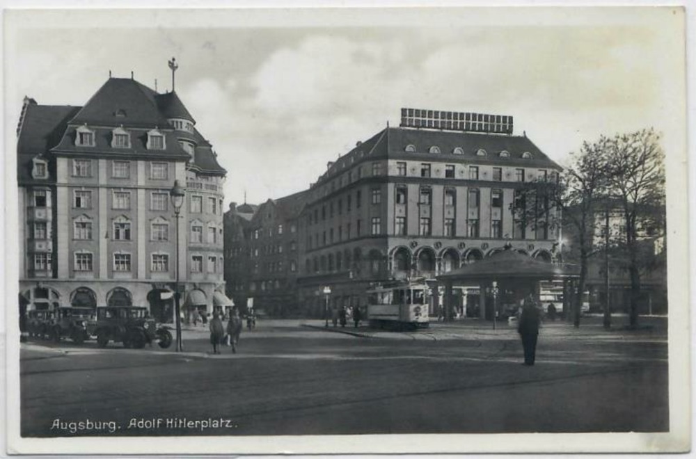Ansichtskarte Augsburg, Adolf-Hitler-Platz, Straßenbahn, gelaufen 1939 als Feldpost