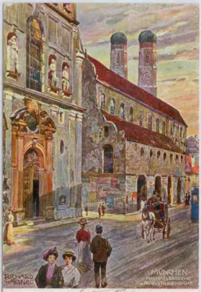 Ansichtskarte München Michaelskirche und Augustinerkirche, Künstlerkarte Richard Wagner 1909