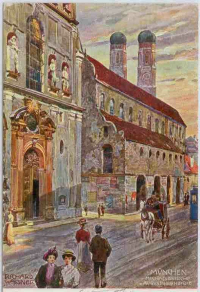 Ansichtskarte München Michaelskirche und Augustinerkirche, Künstlerkarte Richard Wagner 1909 Ansichtskarte München Michaelskirche und Augustinerkirche, Künstlerkarte Richard Wagner 1909