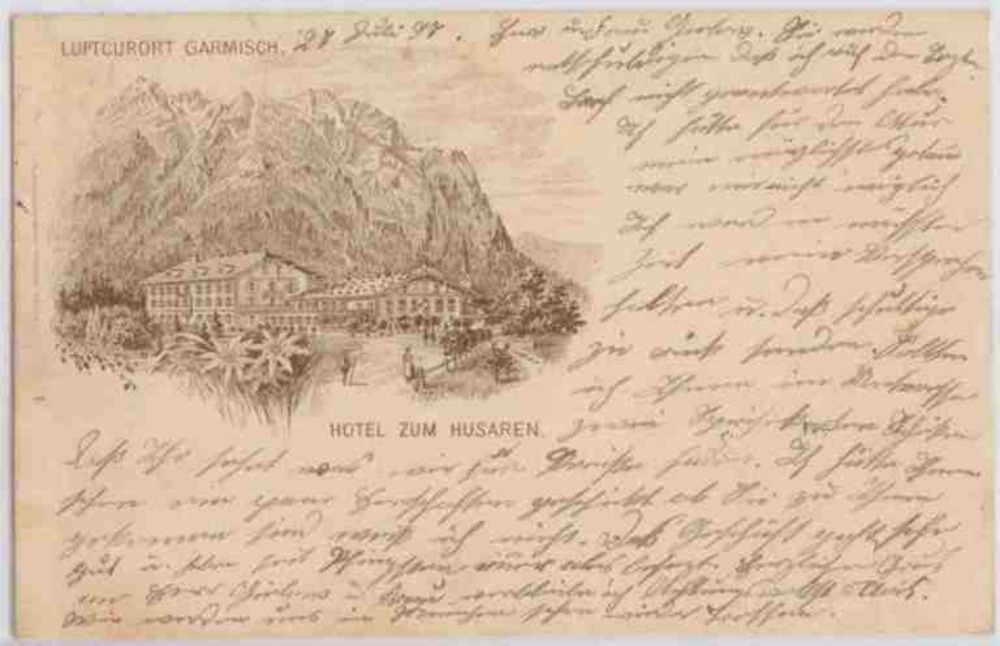 Ansichtskarte, Vorläufer-Litho Garmisch, Hotel Husaren 1897