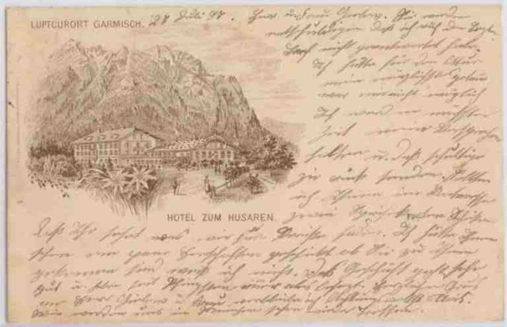 Ansichtskarte, Vorläufer-Litho Garmisch, Hotel Husaren 1897 Ansichtskarte, Vorläufer-Litho Garmisch, Hotel Husaren 1897