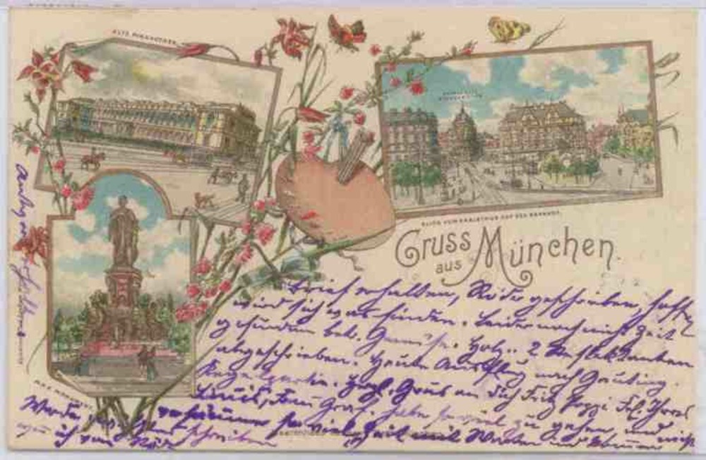 Ansichtskarte Litho Gruss aus München, Pinakothek, Bahnhof 1898 Ansichtskarte Litho Gruss aus München, Pinakothek, Bahnhof 1898