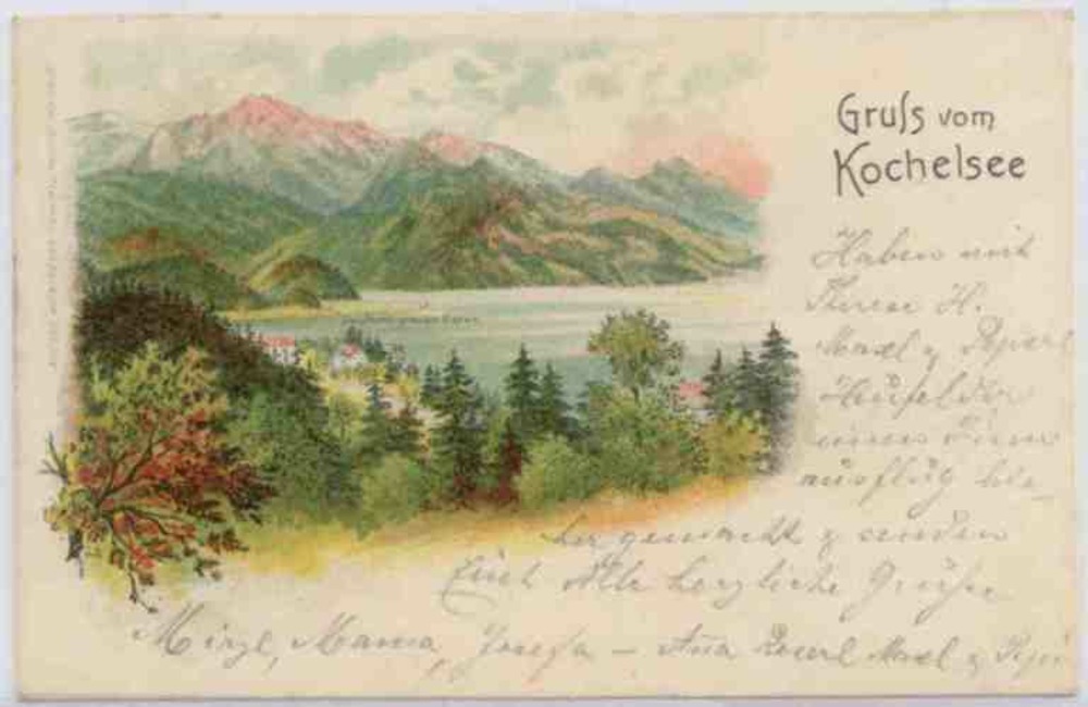 Ansichtskarte Gruss vom Kochelsee (Kochel) Gasthof zum grauen Bären, Farblitho 1899