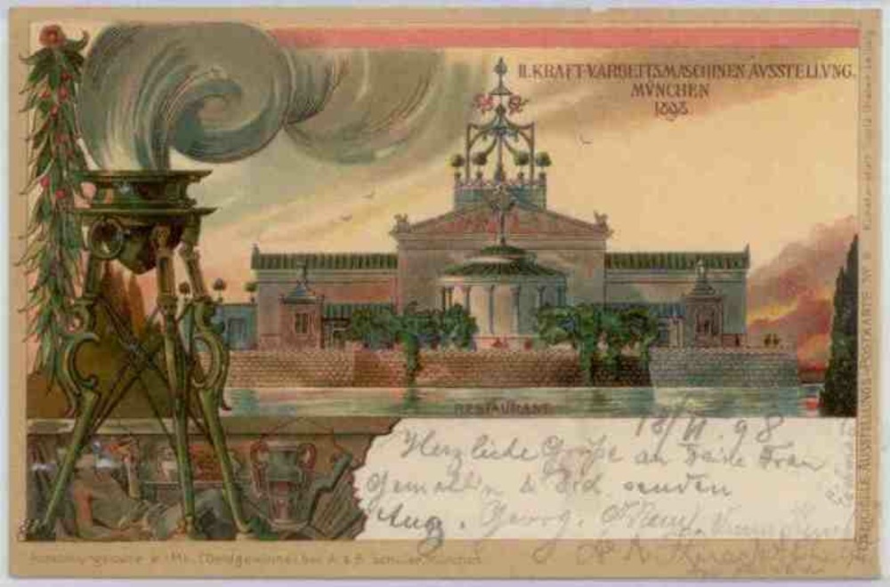 Ansichtskarte München, Kraft-und Arbeitsmaschinenausstellung, Farblitho 1898 Ansichtskarte München, Kraft-und Arbeitsmaschinenausstellung, Farblitho 1898