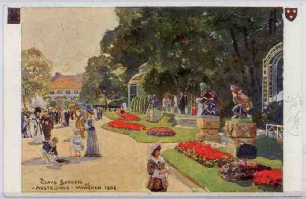 Ansichtskarte München, Ausstellung 1908, Künstlerkarte Claus Bergen 1908