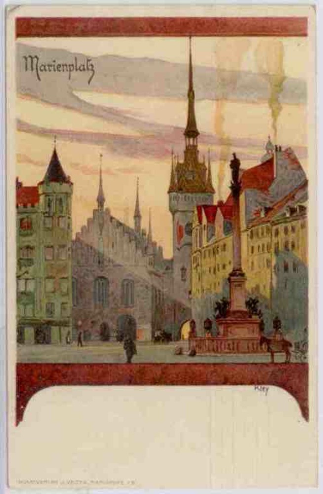 Ansichtskarte München, Marienplatz, Künstlerkarte (Kley) 1909 Ansichtskarte München, Marienplatz, Künstlerkarte (Kley) 1909