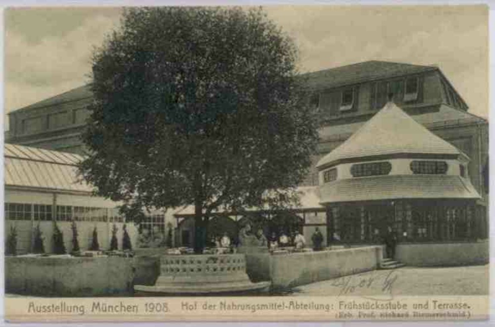 Ansichtskarte München, Ausstellung 1908, Hof der Nahrungsmittelabteilung