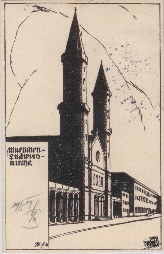 Ansichtskarte, Künstlerkarte München Ludwigskirche 1909