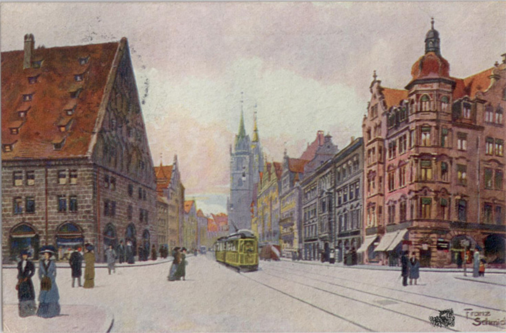 Ansichtskarte, Künstlerkarte Nürnberg Königsstrasse, sign Franz Schmidt, Sonderstempel 1912