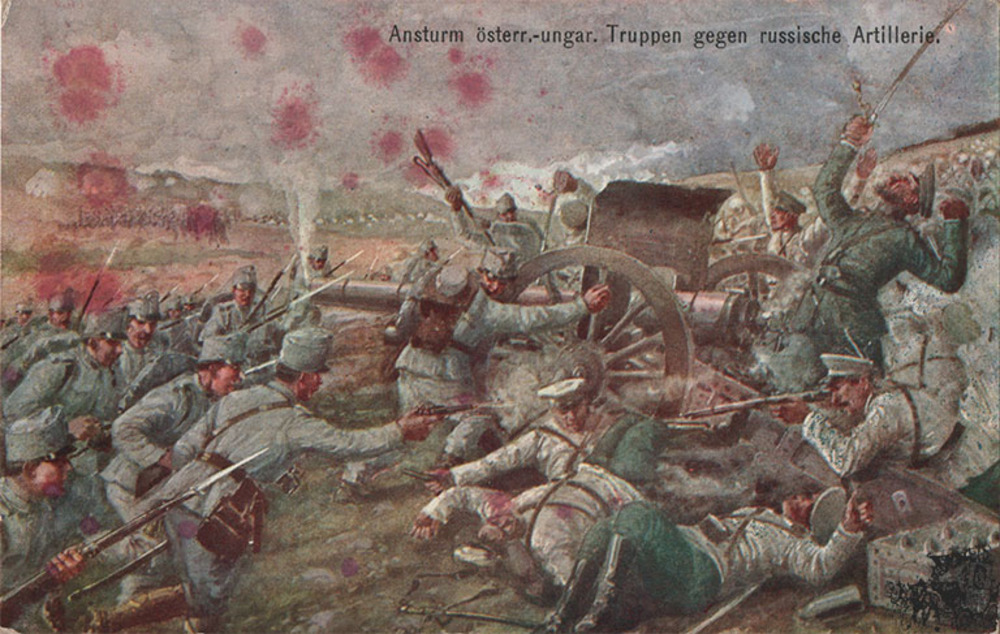 Ansichtskarte Ansturm österr.-ungar. Truppen gegen russische Artillerie