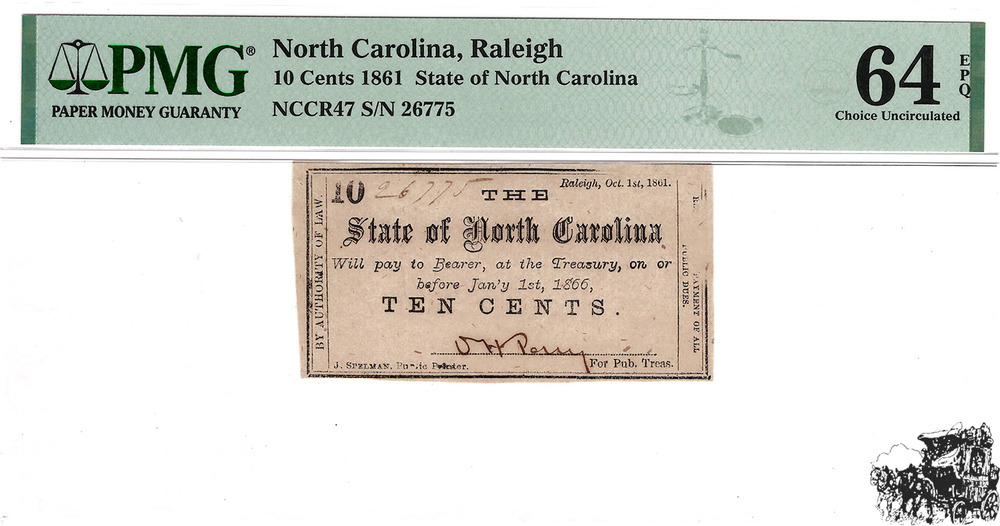 10 Cent 1861 USA / North Carolina  - PMG Grad 64 EPQ - nur 1 besser bewertet