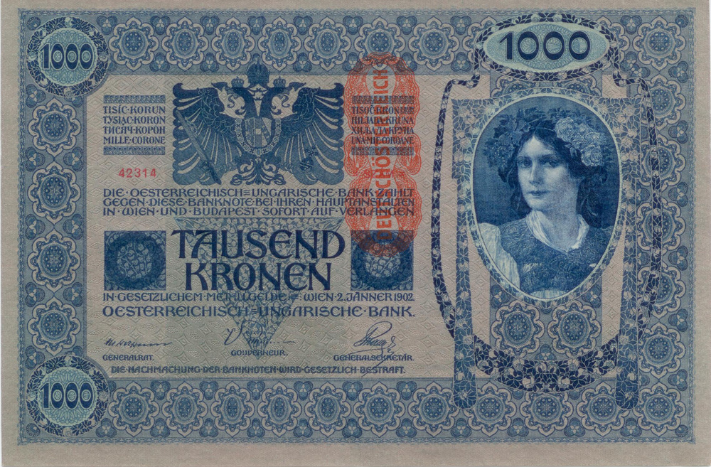1000 Kronen 1919 - Deutschösterreich, Aufdruck senkr.