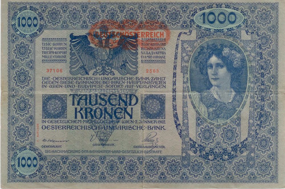 1000 Kronen 1919 - Deutsch-Österreich, 2.Auflage, Unterdruck rosa