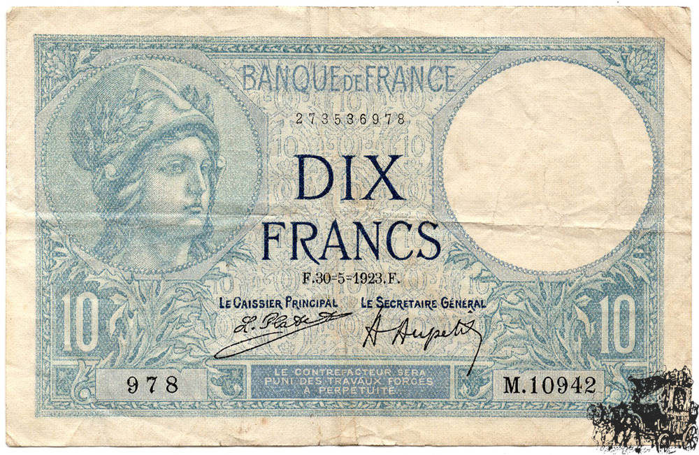 10 Francs 1923 - Frankreich - sehr schön