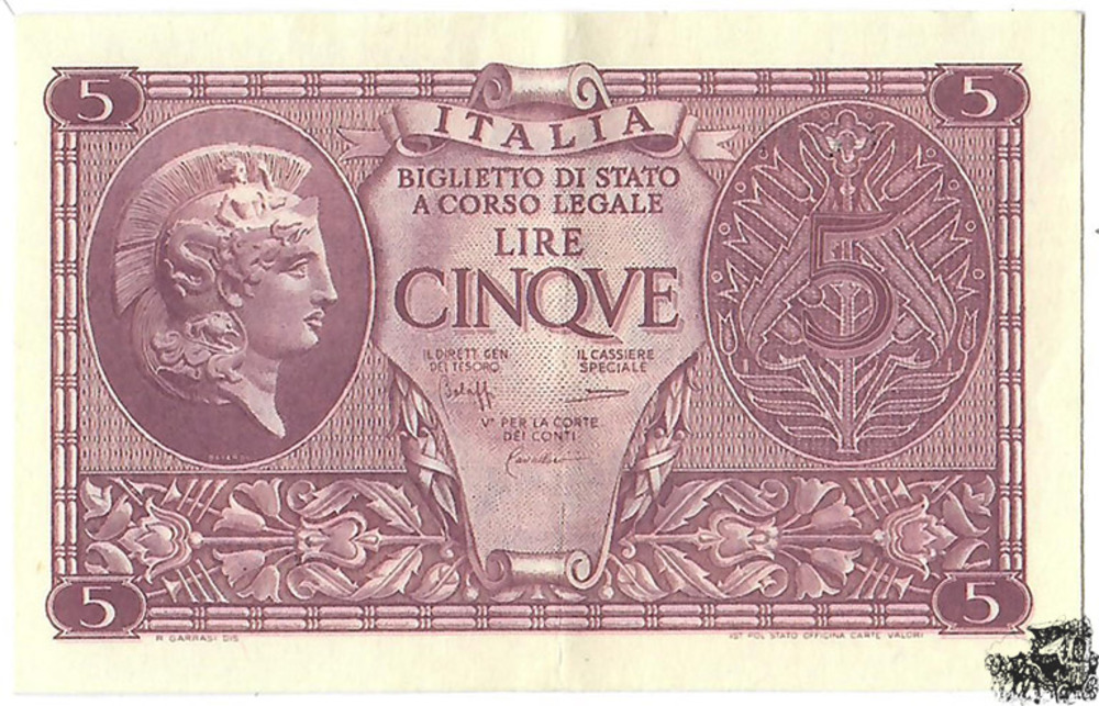 5 Lire 1944 - Italien - Biglietto di Stato - vorzüglich