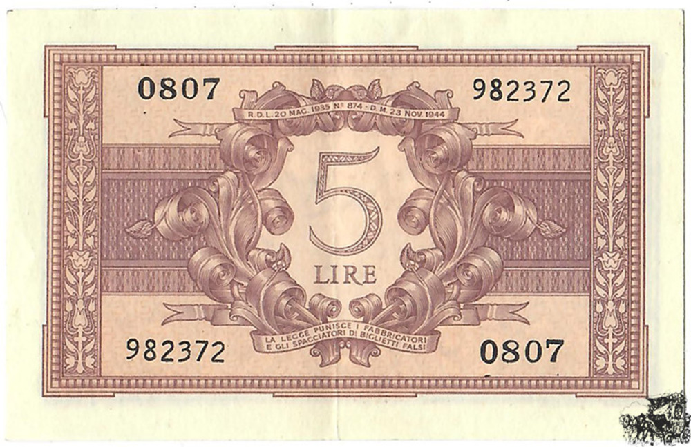 5 Lire 1944 - Italien - Biglietto di Stato - vorzüglich