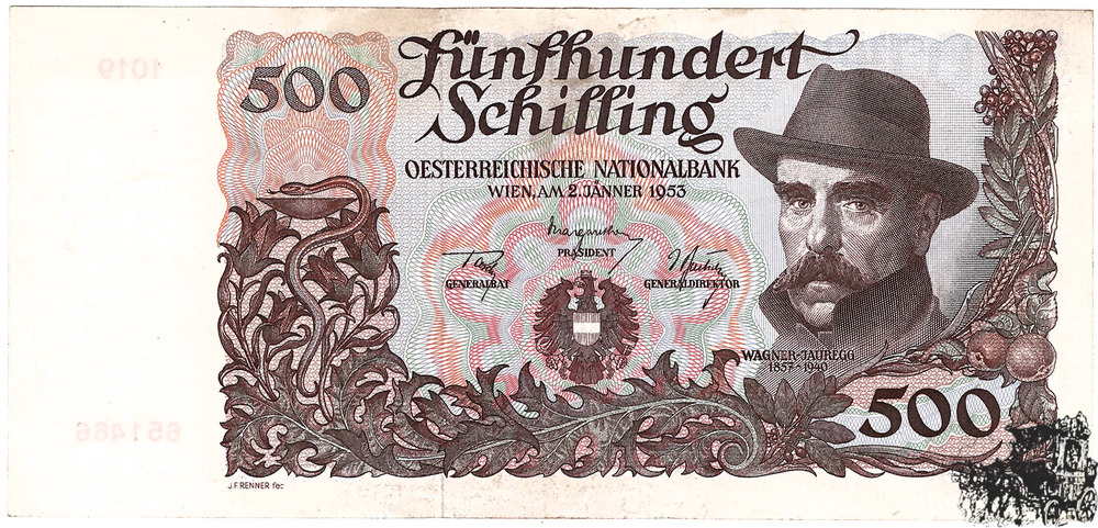 500 Schilling 1953 - 2.Republik - hellbraun - vorzüglich-