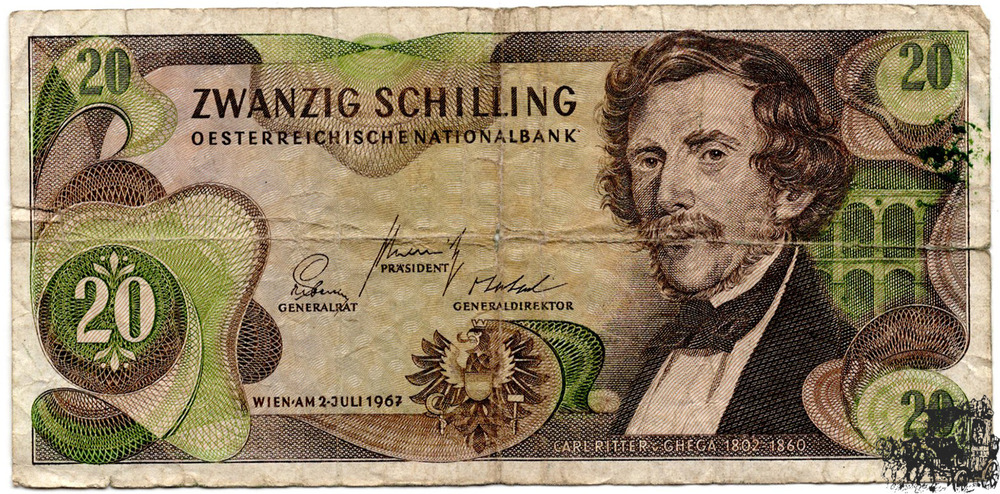 20 Schilling 1967 - 2.Republik - grüne Farbvariante - minder erhalten 20 Schilling 1967 - 2.Republik - grüne Farbvariante - minder erhalten