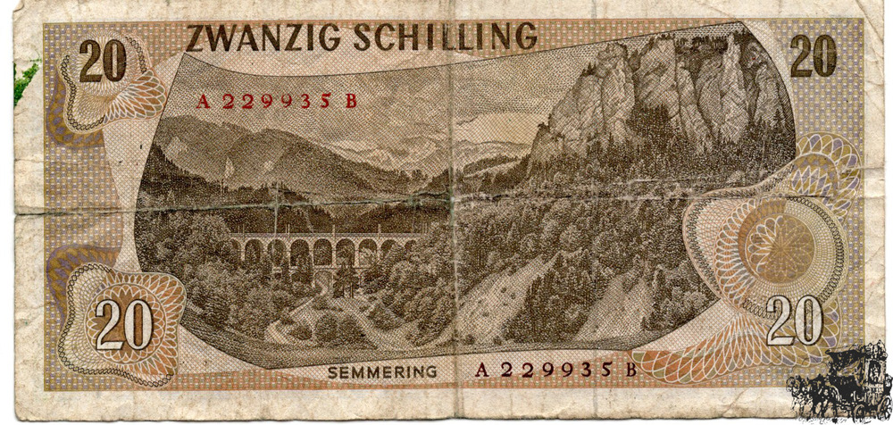 20 Schilling 1967 - 2.Republik - grüne Farbvariante - minder erhalten 20 Schilling 1967 - 2.Republik - grüne Farbvariante - minder erhalten