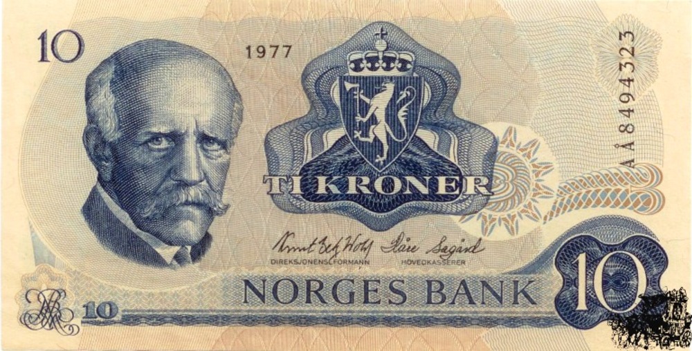 10 Kronen 1977 - Norwegen. Yellow Papier